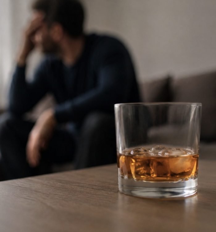 A glass of alcohol in the foreground with a person sitting in the background, illustrating the complexities of alcohol addiction and long-term recovery.